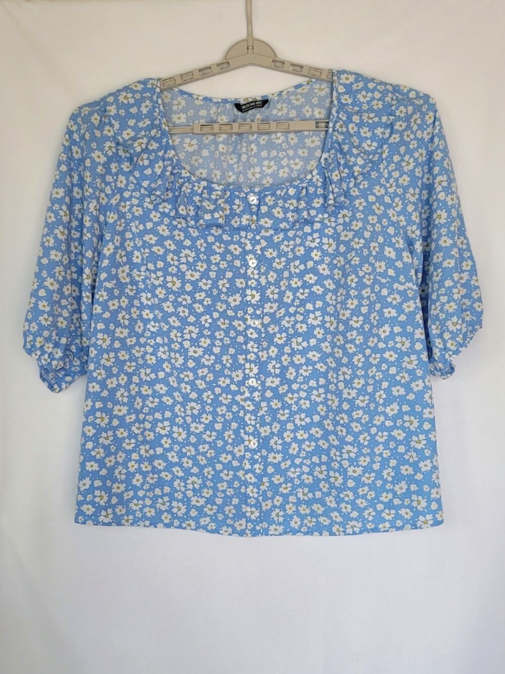 Bloomchic Light Blue White Flowers 3/4 Balloon Sleeve Ruffle Neck Blouse 22/24